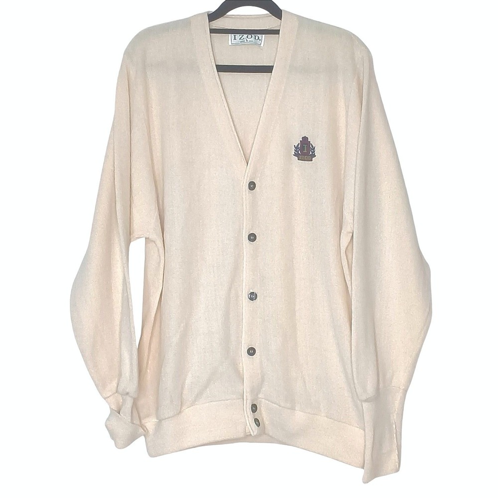 Vintage IZOD Cardigan Sweater Men Large Cream Made in USA Acrylic Crest Logo